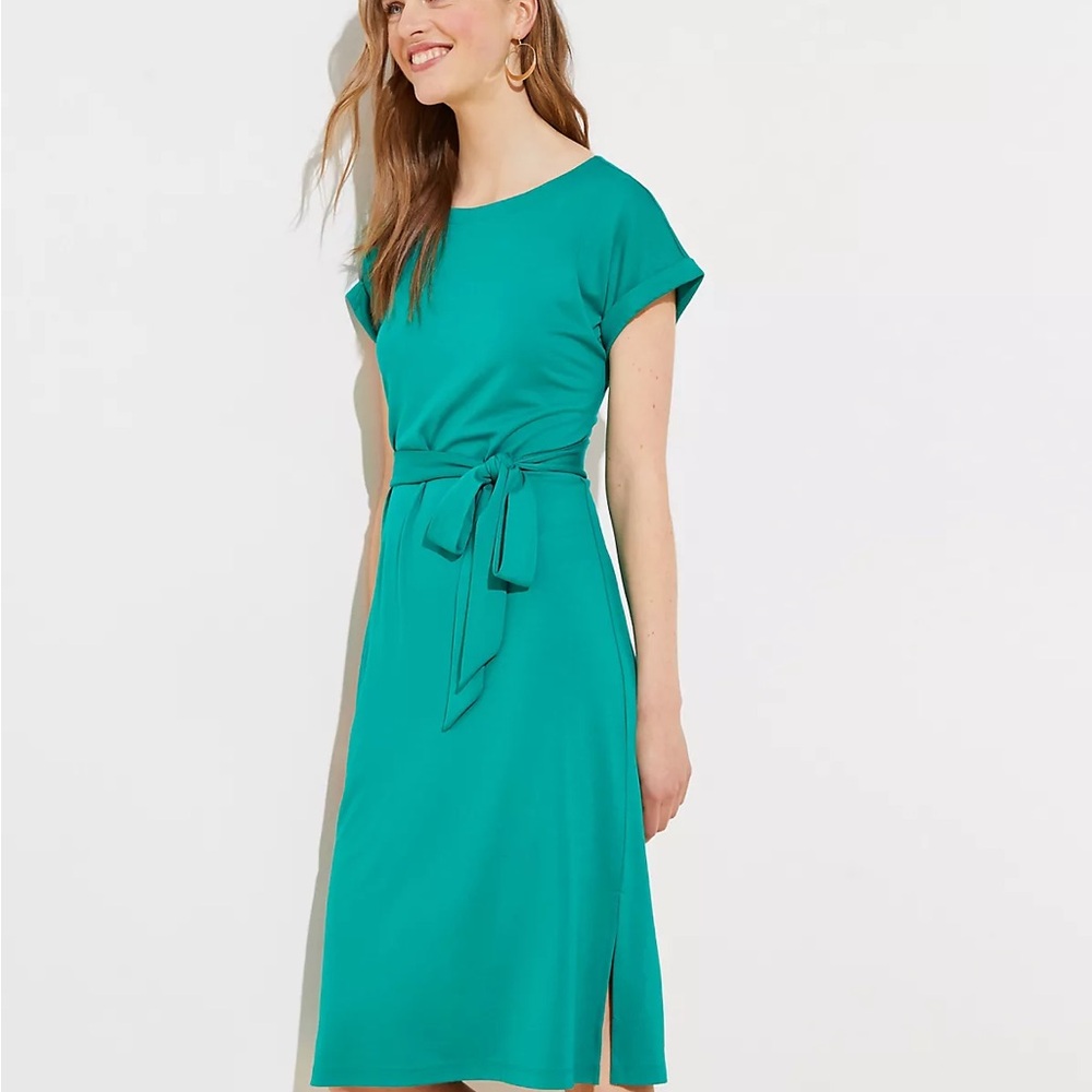 Dolman Tie Waist Belted Midi Circle Dress Green Size Small Short Sleeve